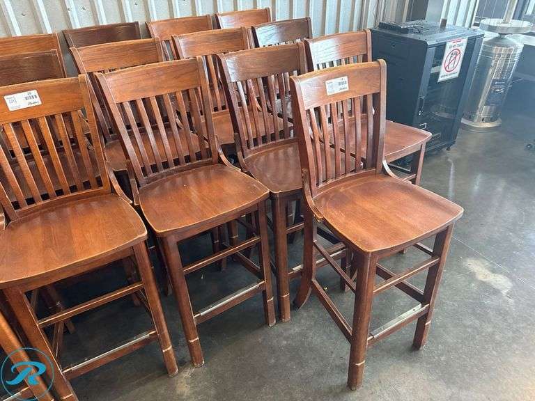 (10) Wood Bar Stools with Slatted Backrests and Brass Footguard - Roller Auctions