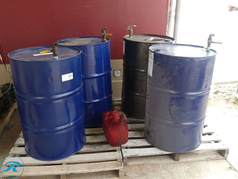(4) 55-Gallon Drums With Ball Valve Dispensers, (3) Empty and Valvoline Hydraulic Oil 3/4 Full - Roller Auctions