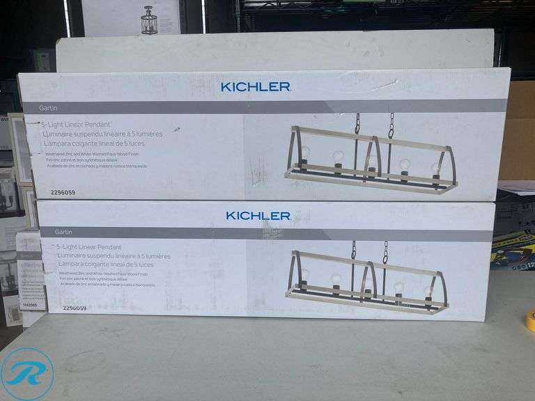 (2) New- Kichler Gartin 5 -Light Weathered Zinc with White Washed Wood Transitional Linear Large Hanging Kitchen island light - Roller Auctions