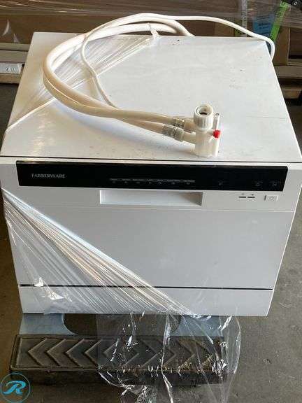 (1) former Airbnb - Farberware professional 19.7" Portable fan countertop dishwasher (white) - Roller Auctions
