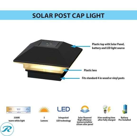(17) New - RELIABILT Solar 4-in x 4-in Black LED Outdoor Post cap light (total of 17) - Roller Auctions