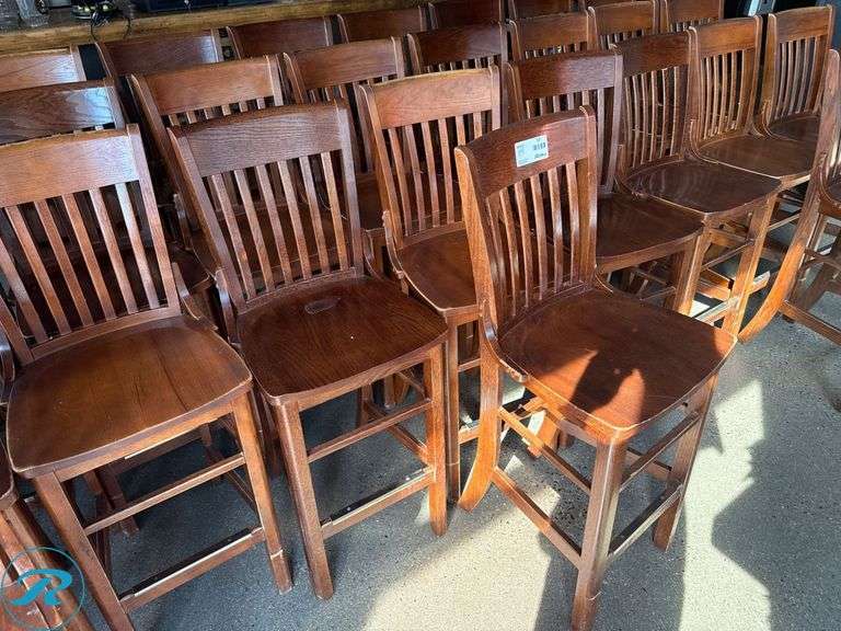 (10) Wood Bar Stools with Slatted Backrests and Brass Footguard - Roller Auctions