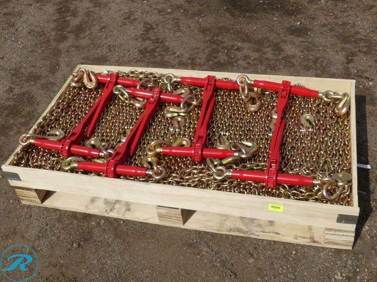 New Land Honor LHR-RC5400 Ratchet Binder And Chain Set Consisting Of: (8) 5400 lb. Ratchet Binders, (16) 5/16" X 20' G70 Transport Chains - Roller Auctions