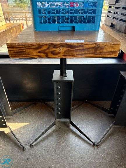 Custom Built Wood Bar Height Table with Metal Base, 30″ x 24″ x 3.5″ Thick - Roller Auctions