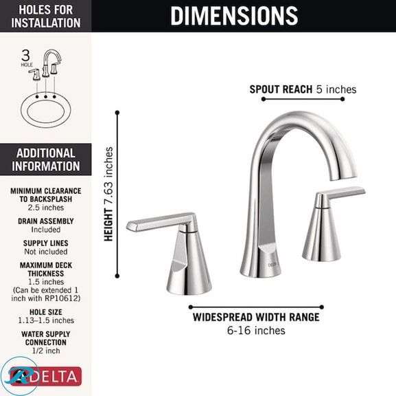 (1) New- Delta Sparrow Chrome Widespread 2-handle WaterSense Mid-arc Residential Handle Bathroom Sink Faucet with Drain (total of 1 faucet) - Roller Auctions