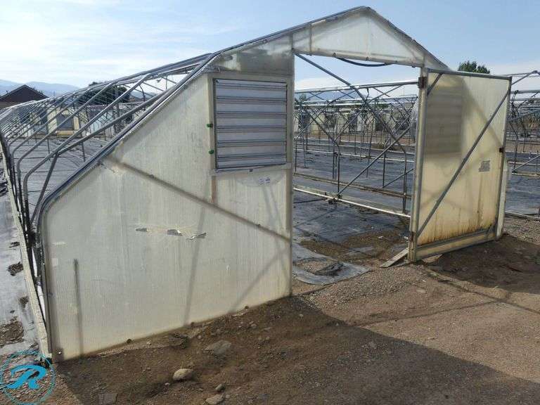 (4) Tunnel Hoop House Frames, 95′ x 17′, With Front and Rear Doors, 60″ x 76″ (2-Complete With Modine Heaters and New Fans and Louvers) - Roller Auctions