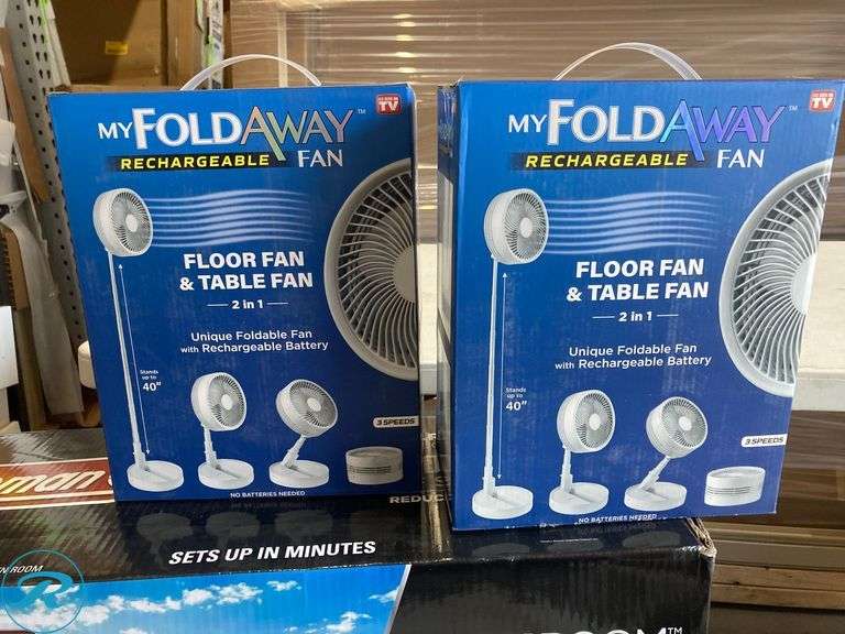 (6) Former Airbnb - (1) Coleman tent 6-darken room with screen (2) rechargeable fan (2-n-1 Flor fan and table fan stands ups to 40" (3) Cooler for camping - Roller Auctions