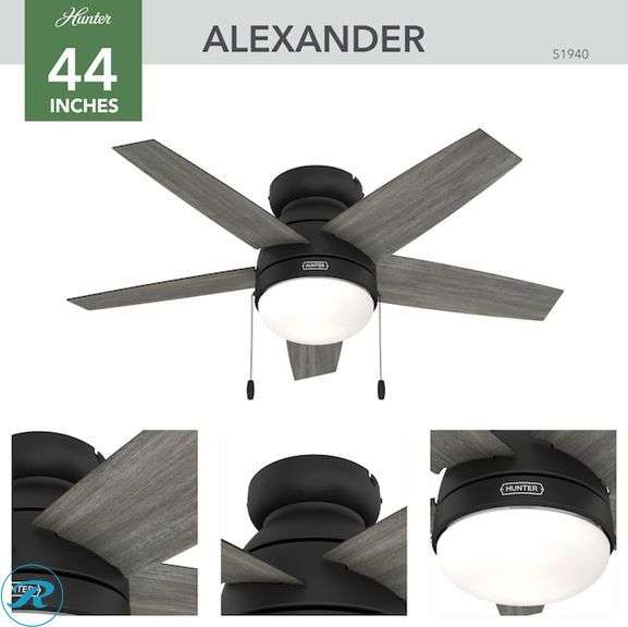 (1) New- Hunter Alexander 44-in Flush Mount Matte Black with Dark Gray Oak Blades Ceiling Fan With Light ( 5 -Blade ) (total of 1 fan) - Roller Auctions