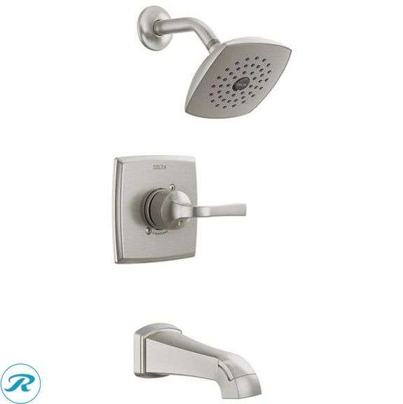 (1) New- Delta Knoxville Brushed Nickel 1-handle Single function 5.25-in Square Bathtub and shower Faucet with Valve (Total of 1)