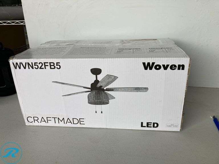 (1) New- Craftmade Woven 52-in Outdoor Flat Black with Flat Black Blades Ceiling Fan With Light ( 5 -Blade ) - Roller Auctions