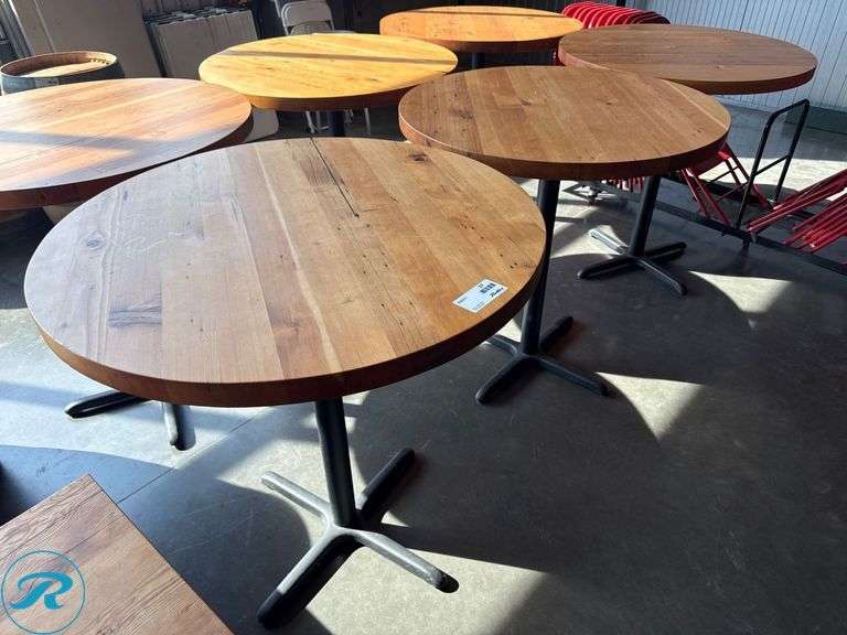 (3) Round Wood Bar Height Tables with Metal Bases, 42in - Roller Auctions