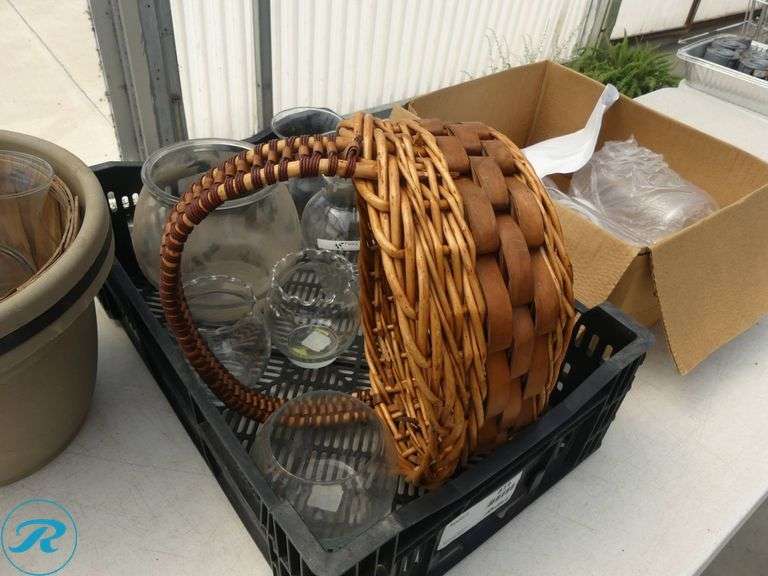 Glassware, Planter, and Wicker Basket - Roller Auctions