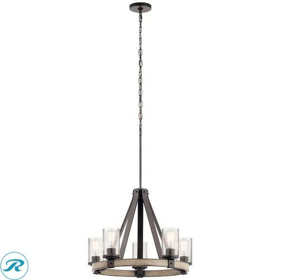(1) New- Kichler Barrington 5 -Light Distressed Gray Rustic For Use in Bedrooms, Dining Rooms, Foyers, Kitchens, Living Rooms Chandelier ( box has damage but product is perfect) - Roller Auctions