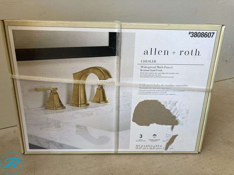 (1) New- allen + roth Chesler Brushed Gold Widespread 2-handle WaterSense Mid-arc Residential Handle Bathroom Sink Faucet with Drain - Roller Auctions
