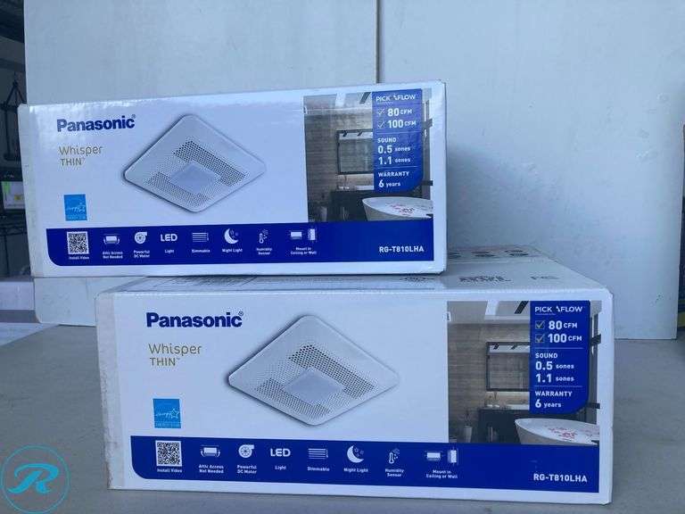 (2) New- Panasonic WhisperThin DC Motor w/ Humidity Sensor 0.5-Sone 80-CFM White Lighted Bathroom Fan with Humidity Sensor (ENERGY STAR Certified) - Roller Auctions