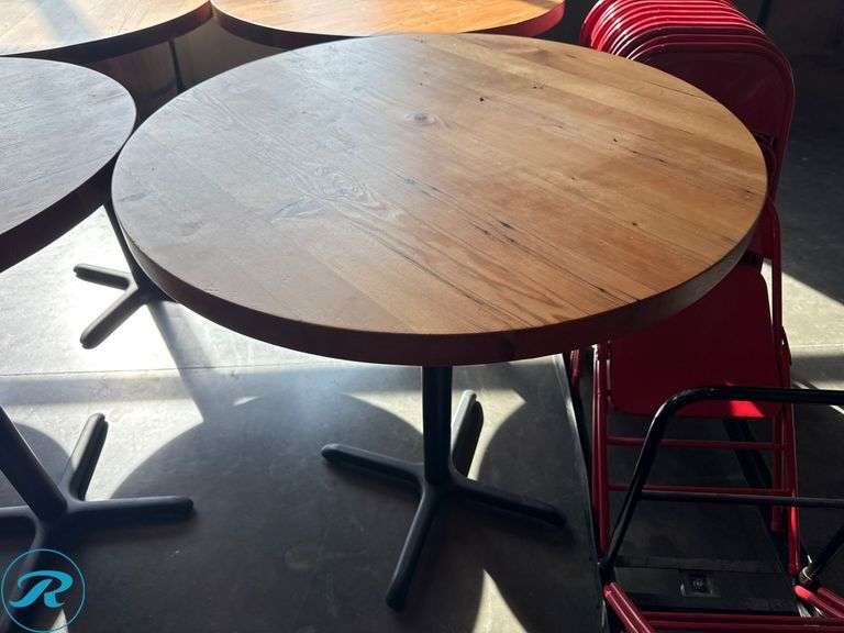(3) Round Wood Bar Height Tables with Metal Bases, 42in - Roller Auctions
