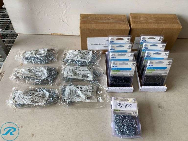 (23) New- (16) RELIABILT 10.0-ft x Weldless Powder Coated Steel Chain (By-the-Roll) (1)RELIABILT 15.0-ft x #14 Weldless Zinc plated Steel Chain (By-the-Roll) (6) Lithonia Lighting 3.0-ft Silver Lighting Chain - Roller Auctions