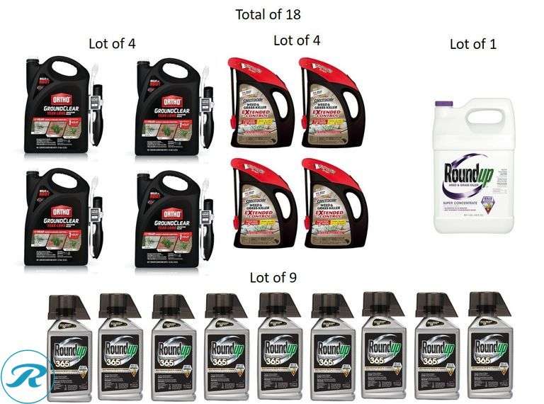 (18) New- (4) ORTHO GroundClear Year Long 1.33 -Gallon Ready to Use Pre-Emergent Weed and Grass Killer (4) Spectracide Extended Control Flip Go 64 -fl oz Ready to Use Pre-Emergent Weed and Grass Killer (9) Roundup Max Control 365 32 -oz Concentrate Pre-Emergent Weed and Grass Killer (1) Roundup Super 1 -Gallon Concentrate Weed and grass killer (Total of 18 items) (More $800 retail price) - Roller Auctions