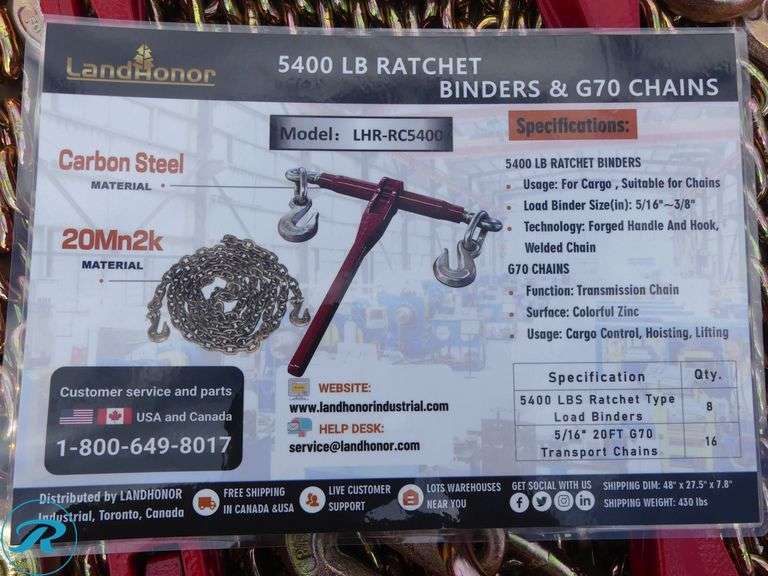 New Land Honor LHR-RC5400 Ratchet Binder And Chain Set Consisting Of: (8) 5400 lb. Ratchet Binders, (16) 5/16" X 20' G70 Transport Chains - Roller Auctions
