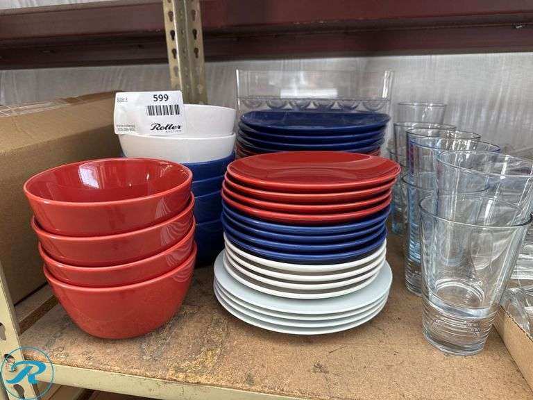 Dinnerware Set Including Bowls, Plates, and Glass Tumblers - Roller Auctions