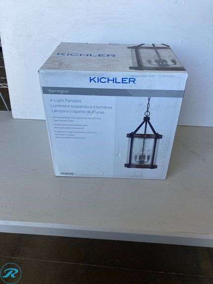 (1) New- Kichler Barrington 4 -Light Distressed Black and Wood Tone Rustic Seeded glass Cylinder Medium Hanging Pendant light - Roller Auctions