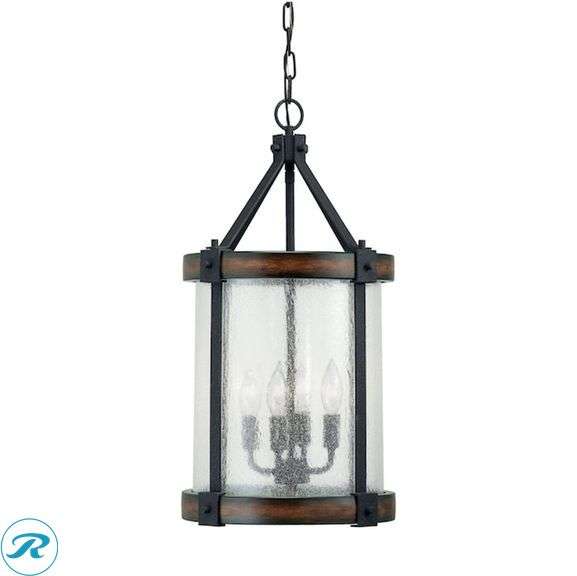 (1) New- Kichler Barrington 4 -Light Distressed Black and Wood Tone Rustic Seeded glass Cylinder Medium Hanging Pendant light - Roller Auctions