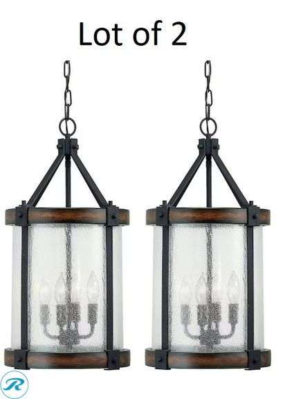 (2) New- Kichler Barrington 4 -Light Distressed Black and Wood Tone Rustic Seeded glass Cylinder Medium Hanging Pendant light - Roller Auctions