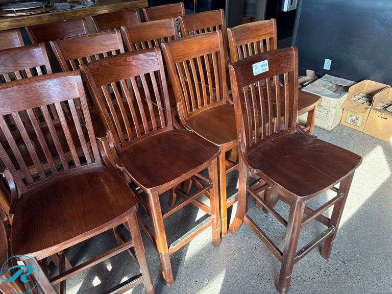 (10) Wood Bar Stools with Slatted Backrests and Brass Footguard - Roller Auctions