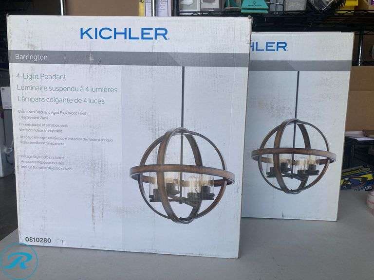 (2) New-Kichler Barrington 4 -Light Distressed Black and Wood Tone Rustic Seeded glass Globe Medium Hanging Pendant light - Roller Auctions