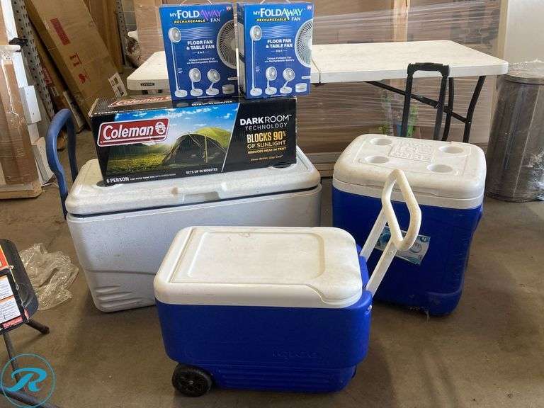 (6) Former Airbnb - (1) Coleman tent 6-darken room with screen (2) rechargeable fan (2-n-1 Flor fan and table fan stands ups to 40" (3) Cooler for camping - Roller Auctions