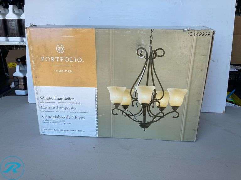 (1) New- Portfolio Linkhorn 5-Light Iron Stone Vintage Dry rated Chandelier - Roller Auctions