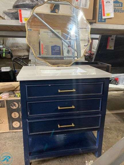 (3) New out of Box- (1) Navy Blue under mount single bathroom vanity (1) Allen & Roth Bianco 31" x 22" white Sintered Stone Undermount Single Sink Widespread faucet Mount bathroom Vanity Top (1) Allen & Roth 30" x 30" round Gold Beveled Wall Mirror (Has some minor Damage/scratches See Photos)