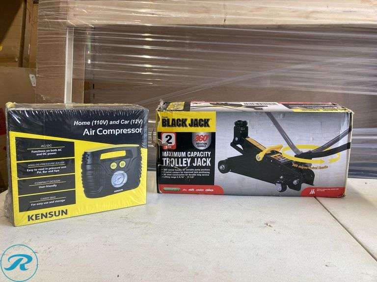 (2 items) (1) Kensun Air Compressor and (1) Black Jack Torn Black 2-ton - Roller Auctions