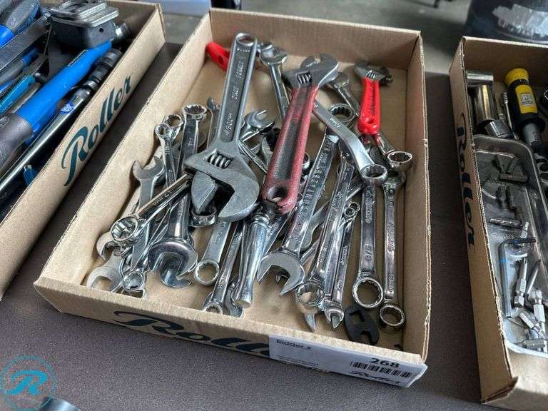 Tray of Assorted Wrenches and Adjustable Spanners
