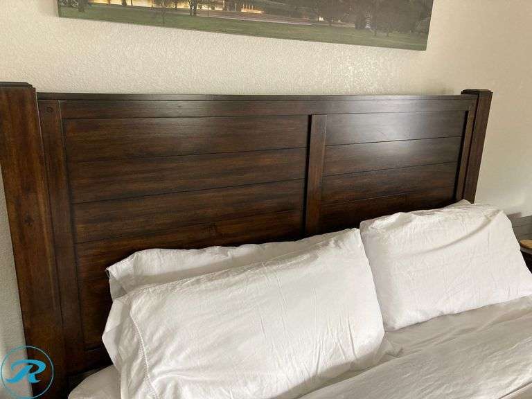 (5) King Bedroom Set:  (1) King size bed frame headboard and footboard (2) Night Stands (1) Dresser vanity with Mirror (1) table lamp) - Roller Auctions