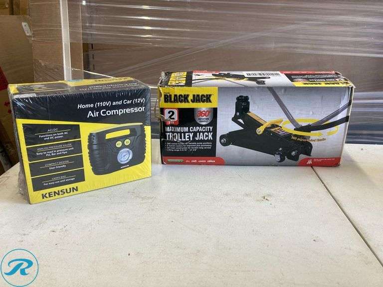 (2 items) (1) Kensun Air Compressor and (1) Black Jack Torn Black 2-ton - Roller Auctions
