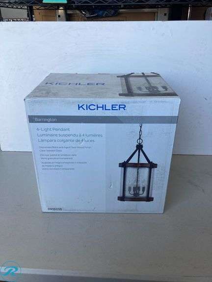 (1) New- Kichler Barrington 4 -Light Distressed Black and Wood Tone Rustic Seeded glass Cylinder Medium Hanging Pendant light - Roller Auctions