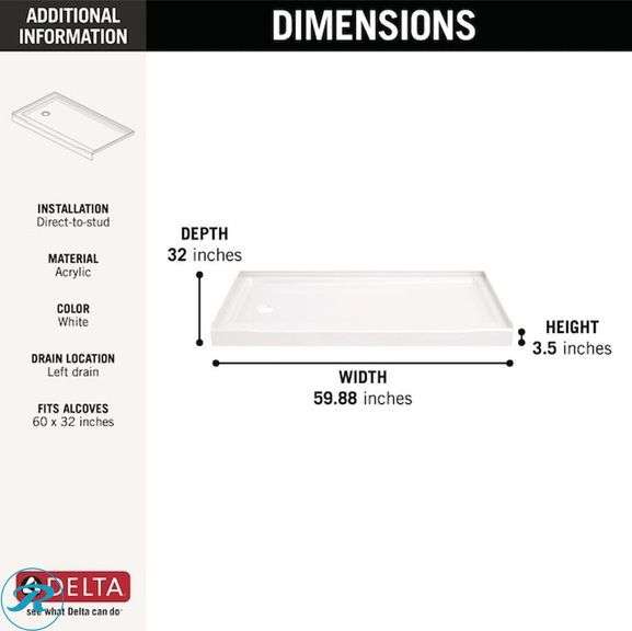 (1) New- Delta EverEdge 32-in W x 60-in L Left High Gloss White Single Threshold Rectangle Shower Pan Base with 5-in H Threshold (total of 1) - Roller Auctions