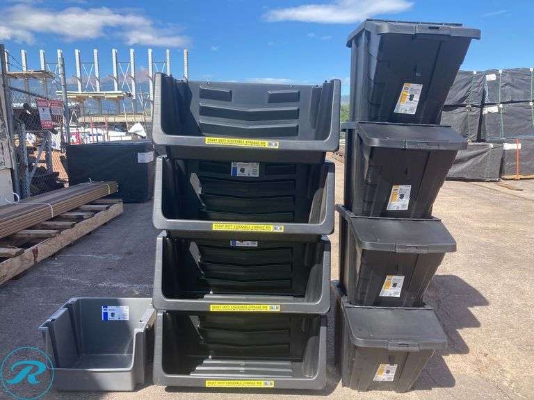 (9) New- (4) Project Source Project Source Medium 16 -Gallons ( 64 -Quarts ) Black/Black Heavy Duty Stackable Tote with Hinged Lid (4) Project Source ( 16.21-in W x 14.49-in H x 31.3-in D ) Black Plastic Stackable Bin (1) Project Source ( 16-in W x 12-in H x 19-in D ) Gray Plastic Stackable Bin - Roller Auctions