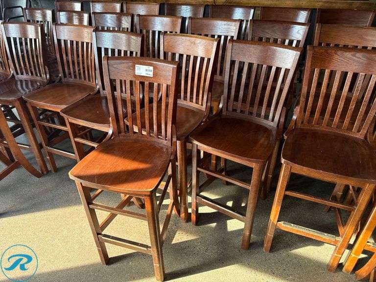 (10) Wood Bar Stools with Slatted Backrests and Brass Footguard - Roller Auctions
