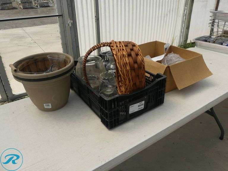Glassware, Planter, and Wicker Basket - Roller Auctions