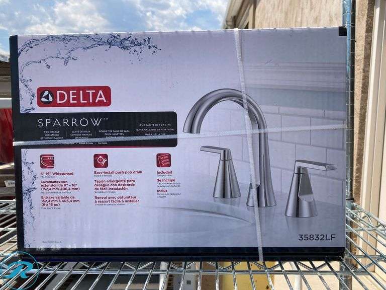 (1) New- Delta Sparrow Chrome Widespread 2-handle WaterSense Mid-arc Residential Handle Bathroom Sink Faucet with Drain (total of 1 faucet) - Roller Auctions