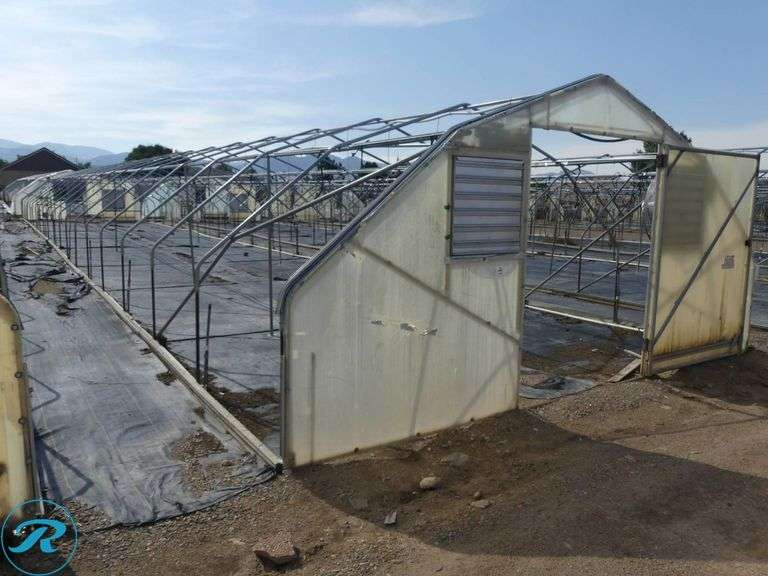 (4) Tunnel Hoop House Frames, 95′ x 17′, With Front and Rear Doors, 60″ x 76″ (2-Complete With Modine Heaters and New Fans and Louvers) - Roller Auctions