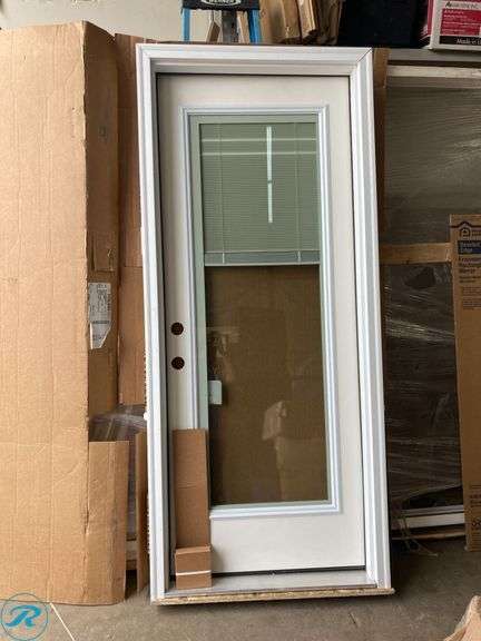 (1)Pella 32-in x 80-in x 4-9/16-in Fiberglass Full lite Right-hand inswing Primed Prehung Front Door with Brickmould Insulating core with Blinds - Roller Auctions