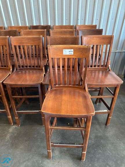 (10) Wood Bar Stools with Slatted Backrests and Brass Footguard - Roller Auctions