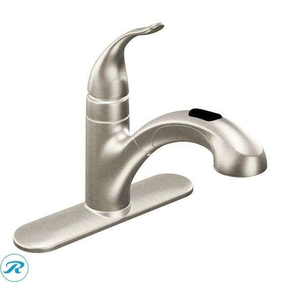 (1) New- Moen Integra Spot Resist Stainless Single Handle Deck-mount Pull-out Kitchen Faucet with Sprayer ( Deck Plate Included )
