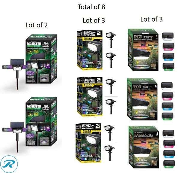 (8) New- (2) BELL + HOWELL 110 -Degree 3 -Wattage Equivalent Solar LED Black 1 -Head Motion-Activated Flood Light with Timer (3) BELL + HOWELL 2 -Pack Bionic Lighting 44 -Lumens 0.5 -Watt Black Solar LED Outdoor Path Light ( 6000-K ) (3) BELL + HOWELL 4 -Pack BELL+HOWELL Color Changing 10 -Lumens 2 -Watt Black Solar LED Outdoor Path Light ( (Total of 8 items) - Roller Auctions