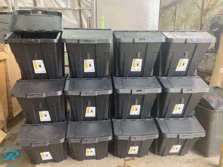 (12) New- Project Source Medium 16-gallon (64 quart) Black/Black Heavy Duty Stackable Tote with Hinged Lid - Roller Auctions