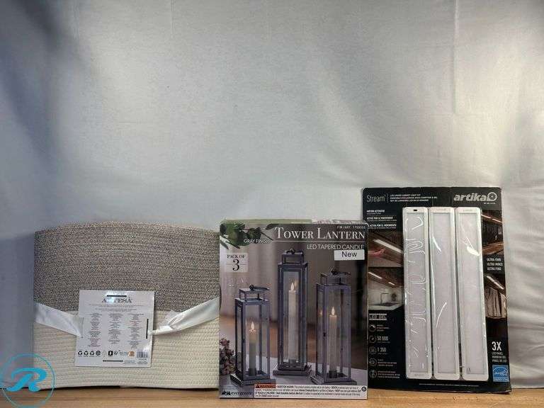 Artika: Stream LED Under Cabinet 3-Light Set-New; Artesa: Rope Basket- New; Evergreen: LED Candle- New