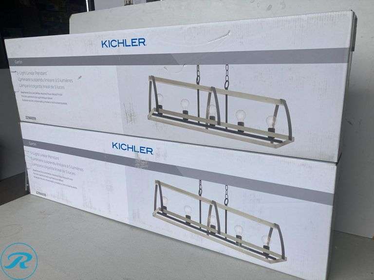 (2) New- Kichler Gartin 5 -Light Weathered Zinc with White Washed Wood Transitional Linear Large Hanging Kitchen island light - Roller Auctions